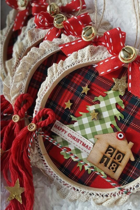 embroidery hoop Christmas ornaments with plaid, glitter stars, signs, twine, bells and wood burnt mini houses