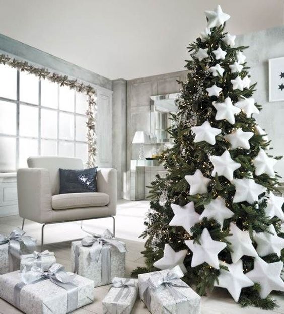A beautiful pre lit Christmas tree decorated with oversized white stars comign down the tree