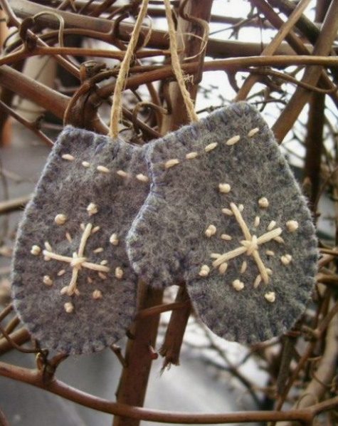 grey felt mitten Christmas ornaments with embroidery are super cute and can be easily DIYed