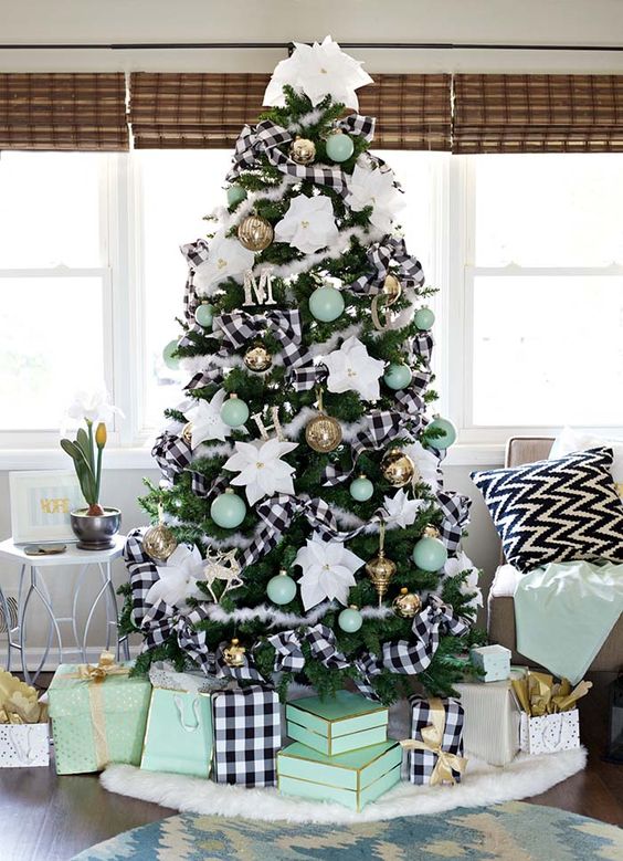 a farmhouse Christmas tree with fkuffy and buffalo check ribbons, mint green ornaments and oversized white flowers