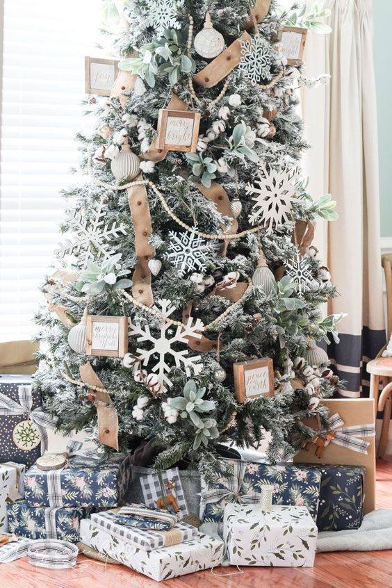 a flocked Christmas tree with oversized snowflake ornaments, burlap ribbons, greenery and mini frames for decor