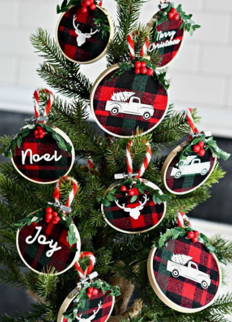 plaid Christmas ornaments with painted letters and images, berries and evergreens look pretty and modern