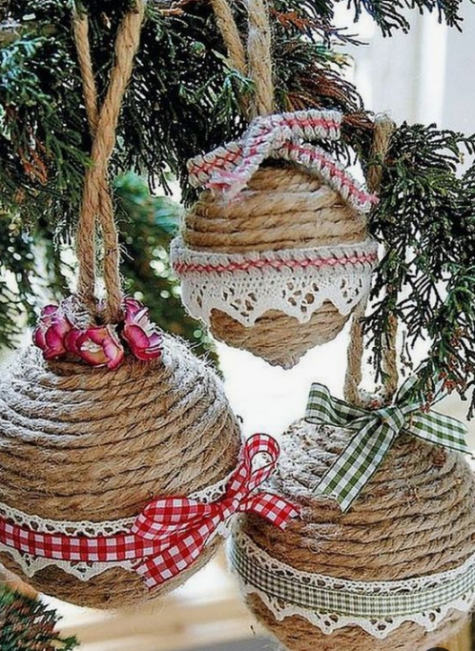 rope wrapped Christmas ball ornaments done with plaid ribbons and bows and crochet lace is a pretty vintage and rustic idea