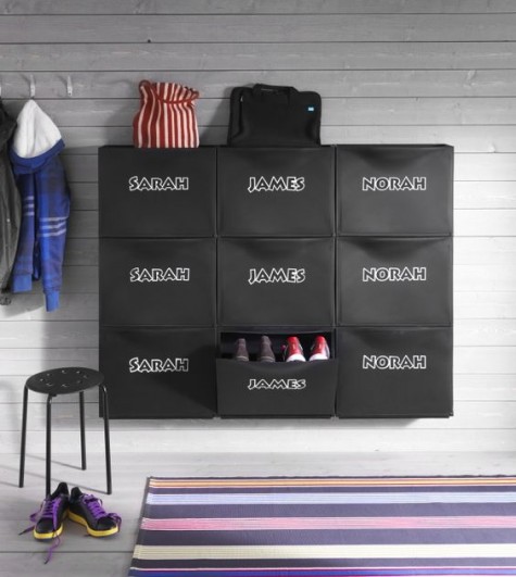 Make a cool shoe storage piece adding stickers with kids' names to IKEA Trones