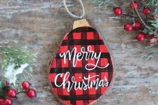 a cute painted plaid Christmas ornament with calligraphy is a chic and modern idea to try