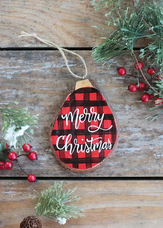 a cute painted plaid Christmas ornament with calligraphy is a chic and modern idea to try