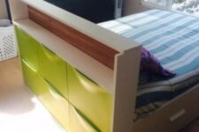 a kid’s bed with a headboard with a neon green Trones piece for storage, which will give you much storage space