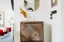 a super cool Bissa cabinet redone with catchy adhesive paper is a unique solution for a boho or modern entryway