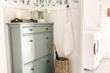 an IKEA Hemnes shoe cabinet done in olive green with small black knobs is a cool idea for a modern farmhouse space