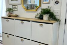 an elegant IKEA Bissa cabinet with a butcherblock countertop and gold knobs is a lovely idea