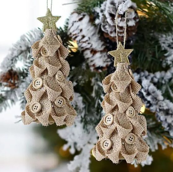 burlap Christmas tree ornaments with neutral buttons and glitter stars on top