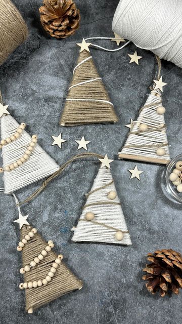 easy and cool rustic Christmas ornaments of cone trees wrapped with yarn and wooden beads are great