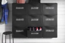 make a cool shoe storage piece adding stickers with kids’names to IKEA Trones