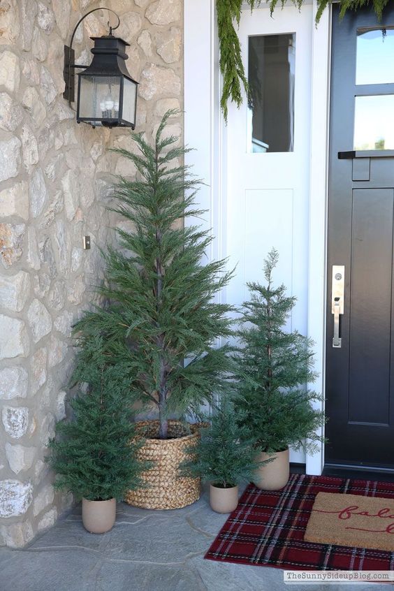 multiple Christmas trees in planters are great to style a holiday porch or an entryway