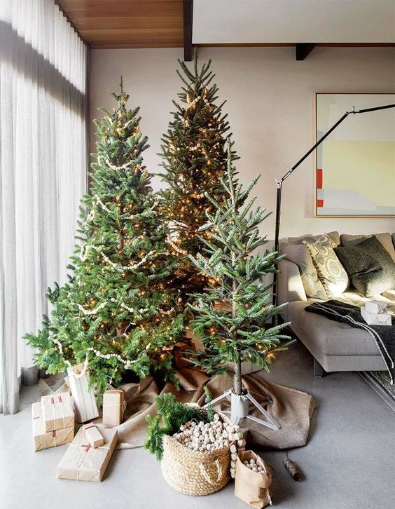 multiple Christmas trees with burlap, gift boxes, a basket and some lights is a cool decor idea that is non-typical