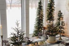 multiple Christmas trees with lights in planters are amazing to give your space really a winter forest look