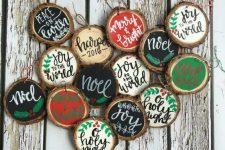 traditional black, red, green and white calligraphy wood slice ornaments for Christmas