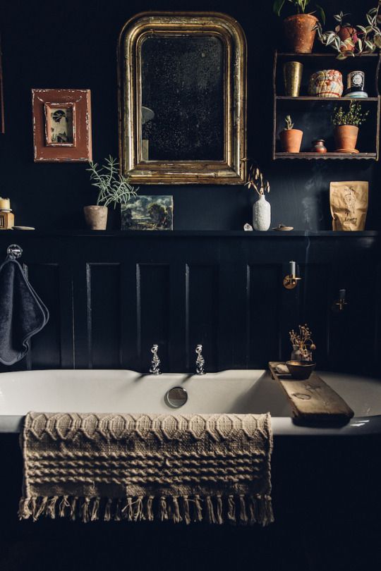 A moody vintage inspired bathroom with black walls, a dark bathtub and a shelf with lots of plants