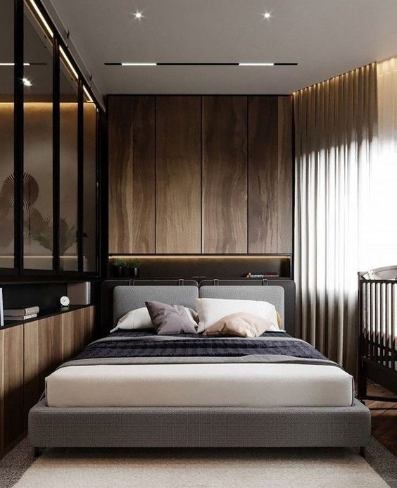 achieve a luxurious feel in your bedroom with a chic color palette and gorgeous materials like natural wood and glass