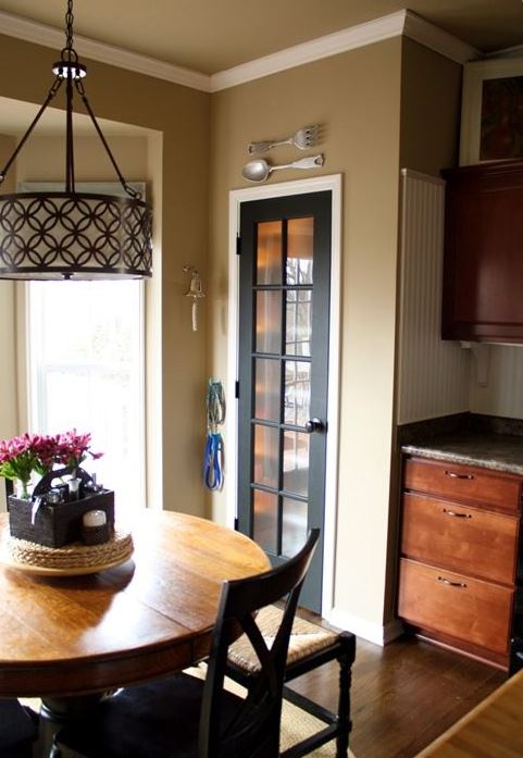 such a dark door with glass stands out in a neutral space and looks really cool