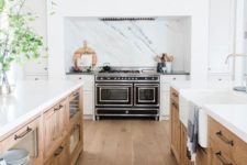 14 two large wooden kitchen islands with open and closed storage and white countertops look very stylish