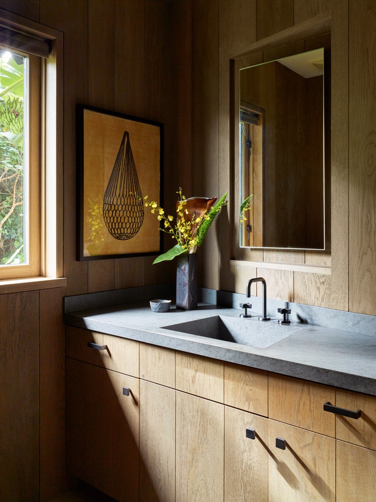 The bathroom is done with sleek plywood cabinets, a stone countertop and everything is clad with wood