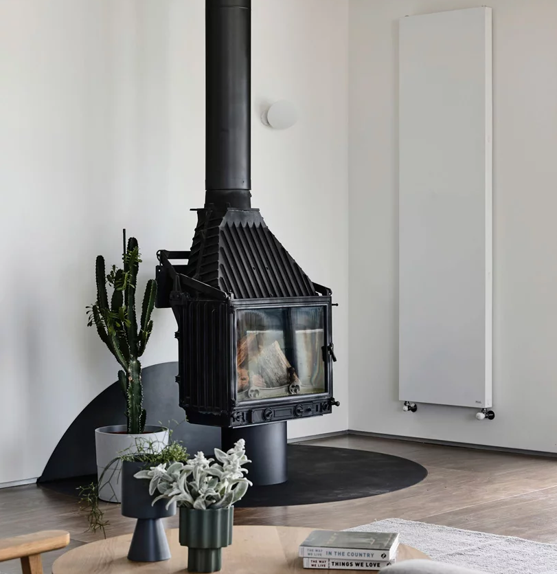 There's a large vintage hearth in black that makes a statement in the space and potted greenery and succulents