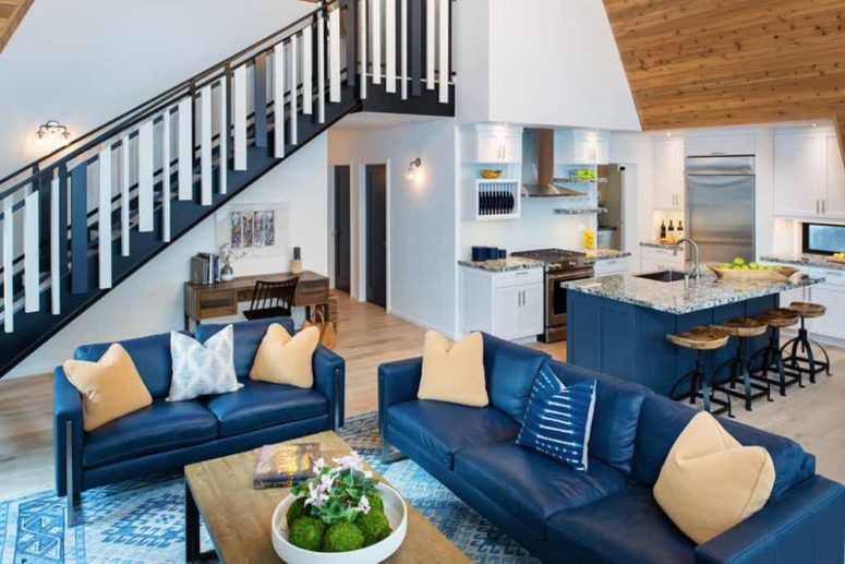 Various shades of blue are seamlessly incorporated into the decor, most notable on the ground floor