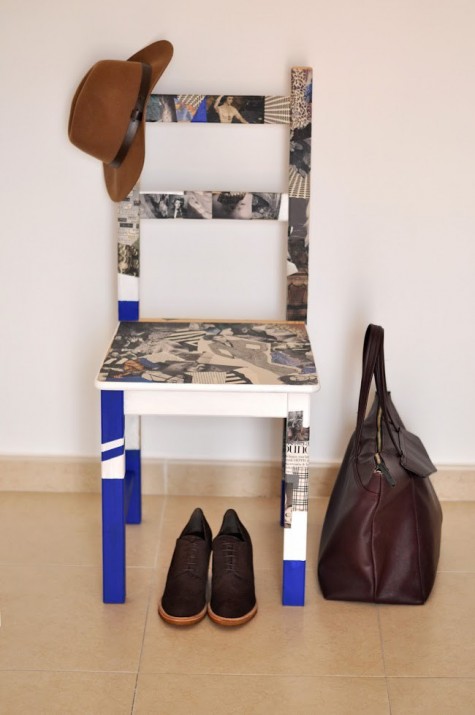 an IKEA IVAR chair decoupaged with old magazines and paint for a bold and contemporary look