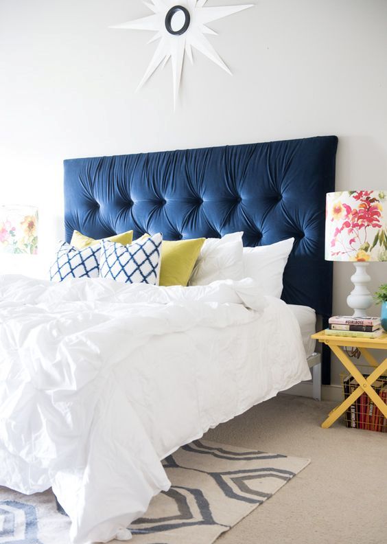 IKEA Malm headboard upholstered and tufted, done in navy velvet looks really luxurious