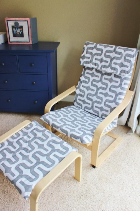 an IKEA Poang chair with a matching footrest reupholstered to match a mid-century modern space