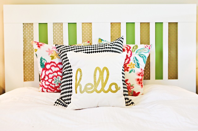 IKEA Brimnes headboard turned into a colorful and interesting piece using decorative metal screens and bright paints