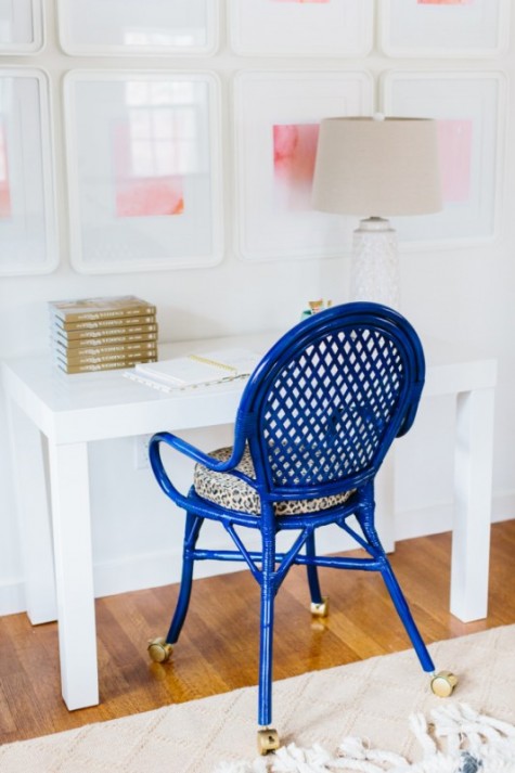 IKEA cobalt chair hack with leopard printed seat and gold casters makes it extra bold and very mobile