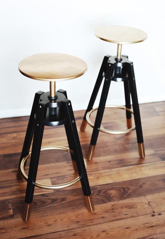 IKEA Dalfred stools hacked with gold and copper paint - jus tpaint some parts of them to make them bolder and more elegant