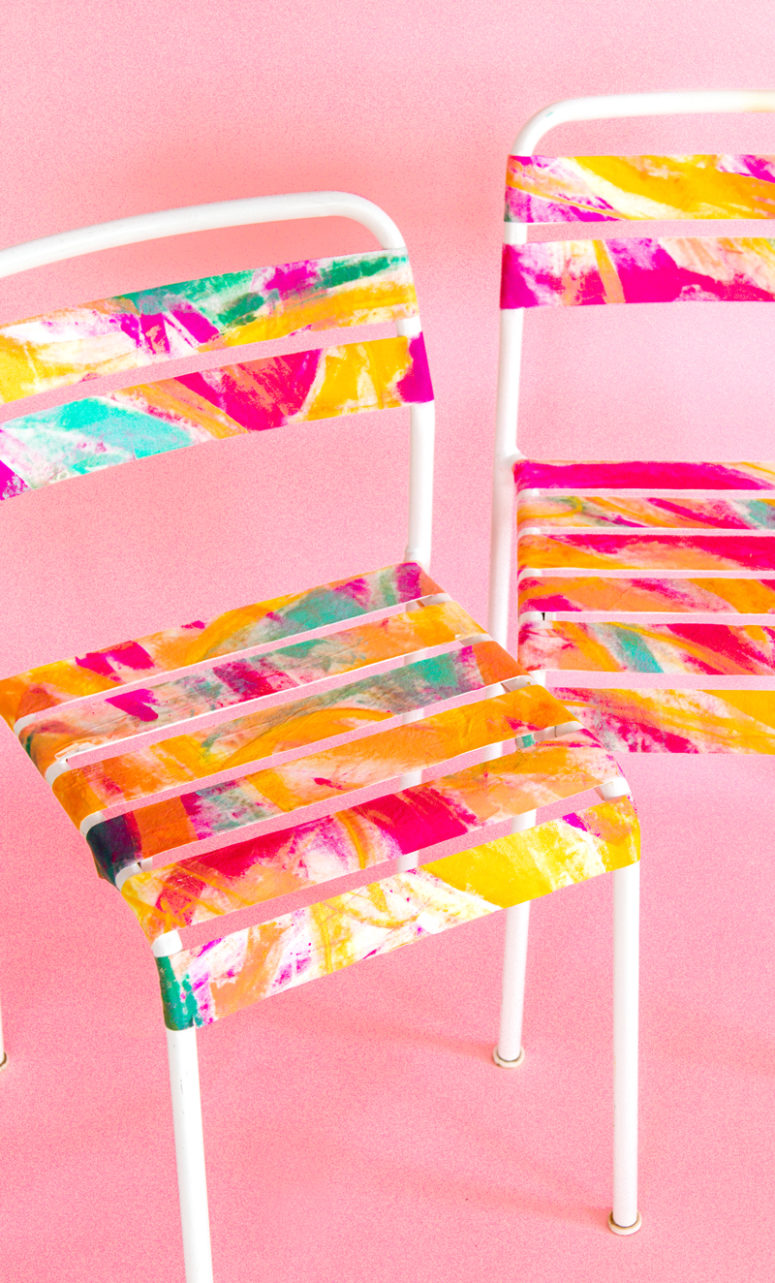 simple outdoor IKEA chairs painted bright watercolors for summer - they will bring much color to your space
