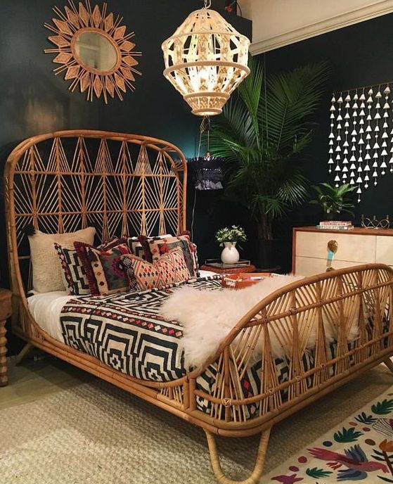a boho bedroom with a rattan bed that is the main piece and is highlighted with all the rest here