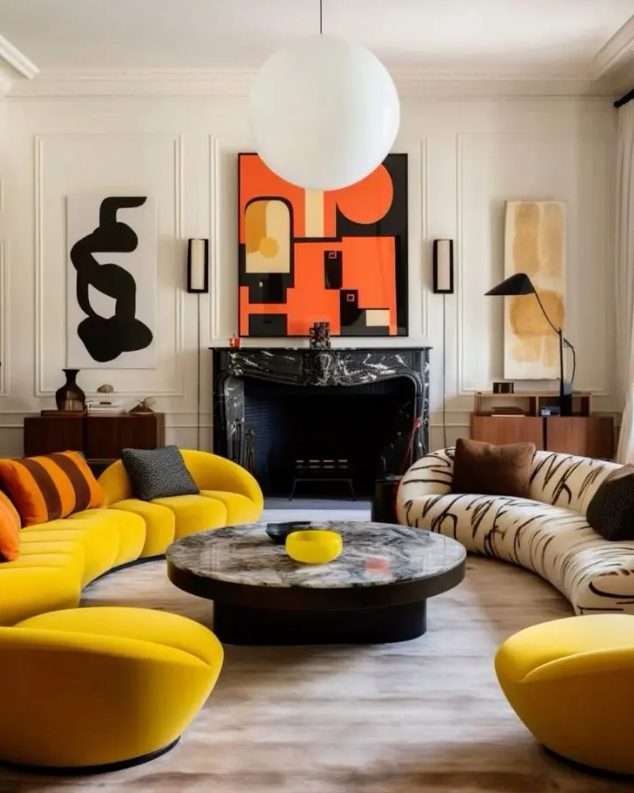 a contrasting living room with a black marble fireplace, two curved sofas and poufs, a round coffee table and bold modernist art