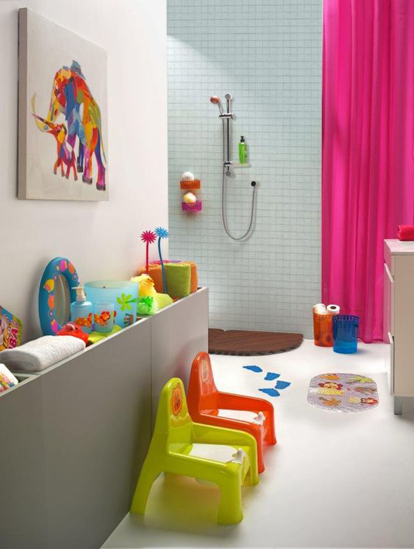 a modern kids' bathroom with bright stools, artworks, toys, towels, accessories for fun