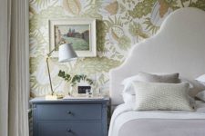 06 a neutral bedroom spruced up with pastel and muted color botanical wallpaper with abstract prints