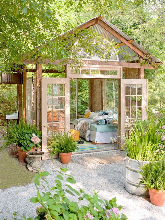 a pastel garden shed bedroom is a gorgeous peaceful space to spend time and enjoy a quick nap