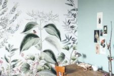 10 a chic working space or crafting nook with a botanical wallpaper wall and a matching light green one