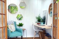 11 a small garden shed with a reading nook and a small workspace plus an arrangement of mirrors to enlarger the space