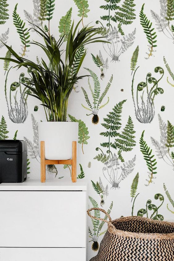 pair your botanical wallpaper with potted greenery and plants to make the space feel even more outdoorsy