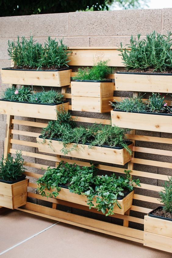 a planter wall with wooden fixtures and beams attached to one single wood slab screen is a creative idea