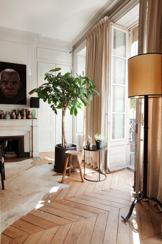 an elegant contemporary interior with a vintage floor lamp that adds coziness and a vintage touch