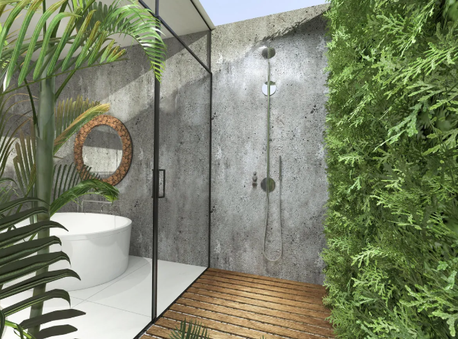 a biophilic bathroom with a living wall in the shower space and a part of it outdoors for more connection to nature