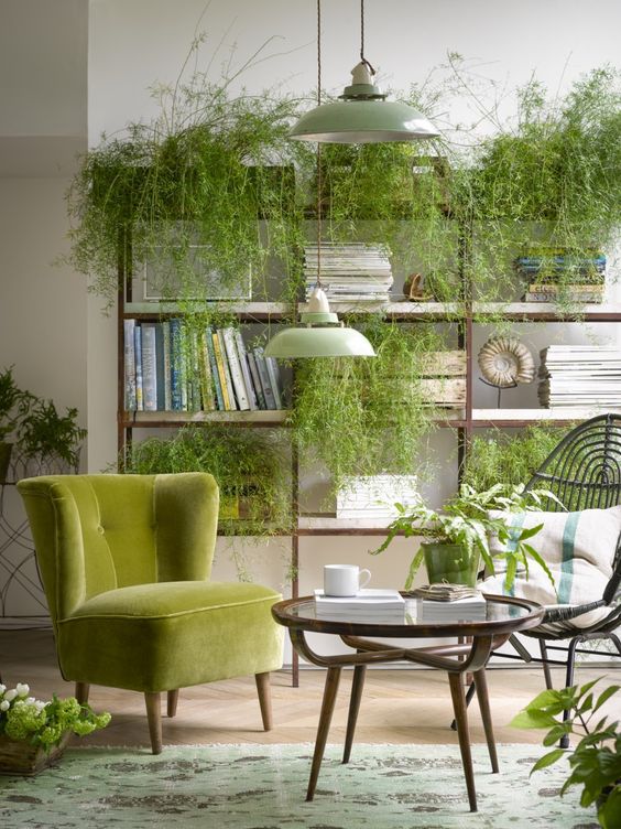a biophilic space with lots of greenery placed on the storage unit, a rug with natural prints and wooden furniture