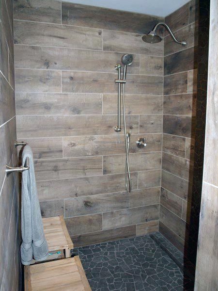 A wooden walk in shower design