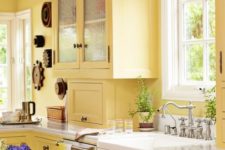 a vintage yellow kitchen with refreshing white accents and dark stained touches is a bold idea with a chic feel