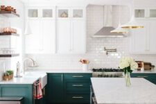 emerald and white cabinets, subway tiles for the backsplash and some metallic touches here and there
